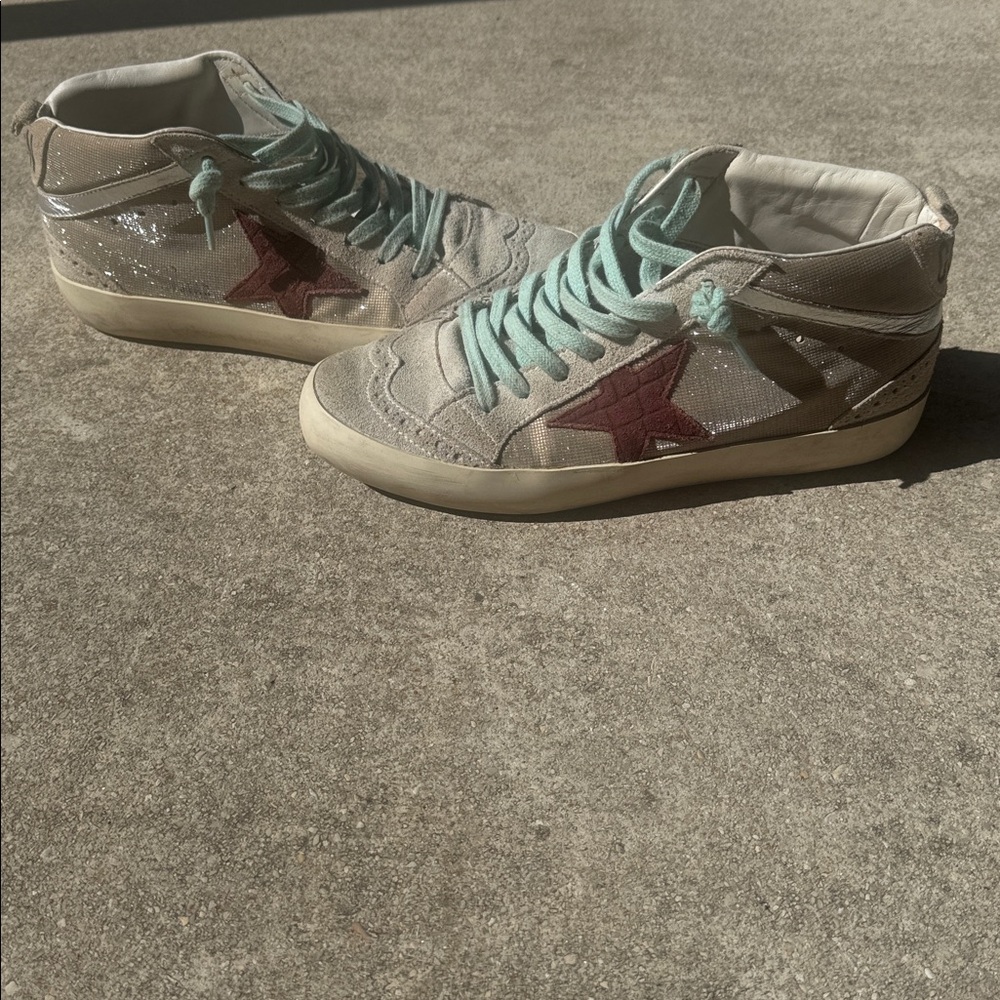 Golden Goose Women's High-Top Suede Sneakers in Light Gray with Mint Laces